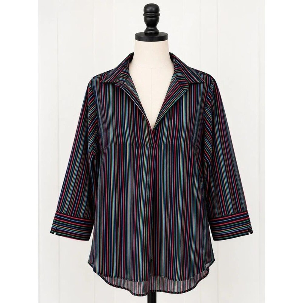 Colorful Striped V Neck Collared Blouse Petite L